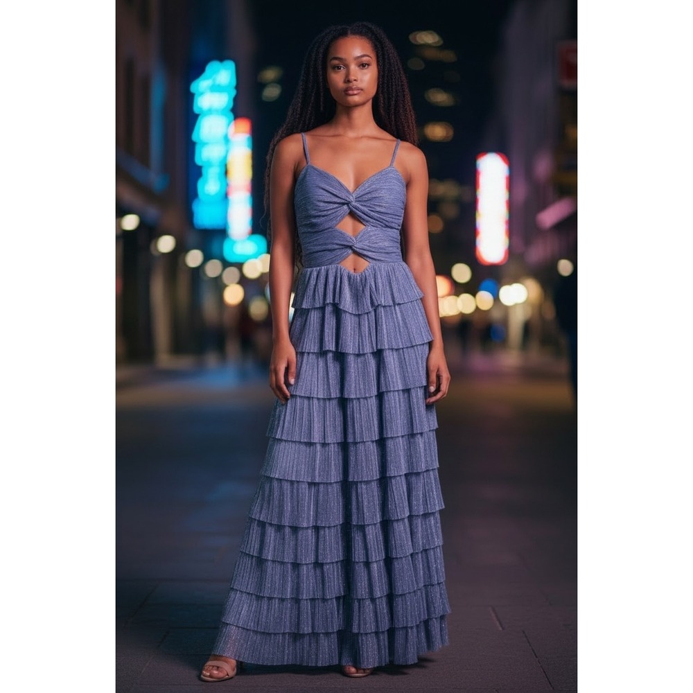 Gianni Bini Maxi Dress 4 Blue Metallic Tiered Ruffle Twist Cutout Periwinkle